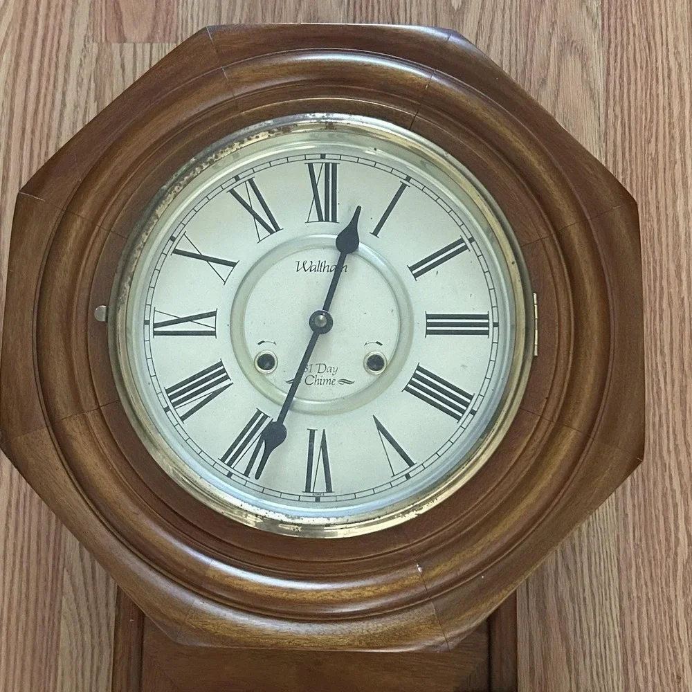 Vintage Waltham 31 Day Regulator Cherry Wood Chime Wall Clock w/Key Untested